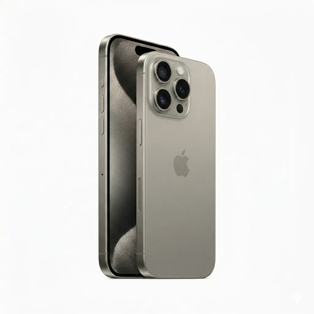 Telefon mobil Apple iPhone 15 Pro Titanium pe fundal alb