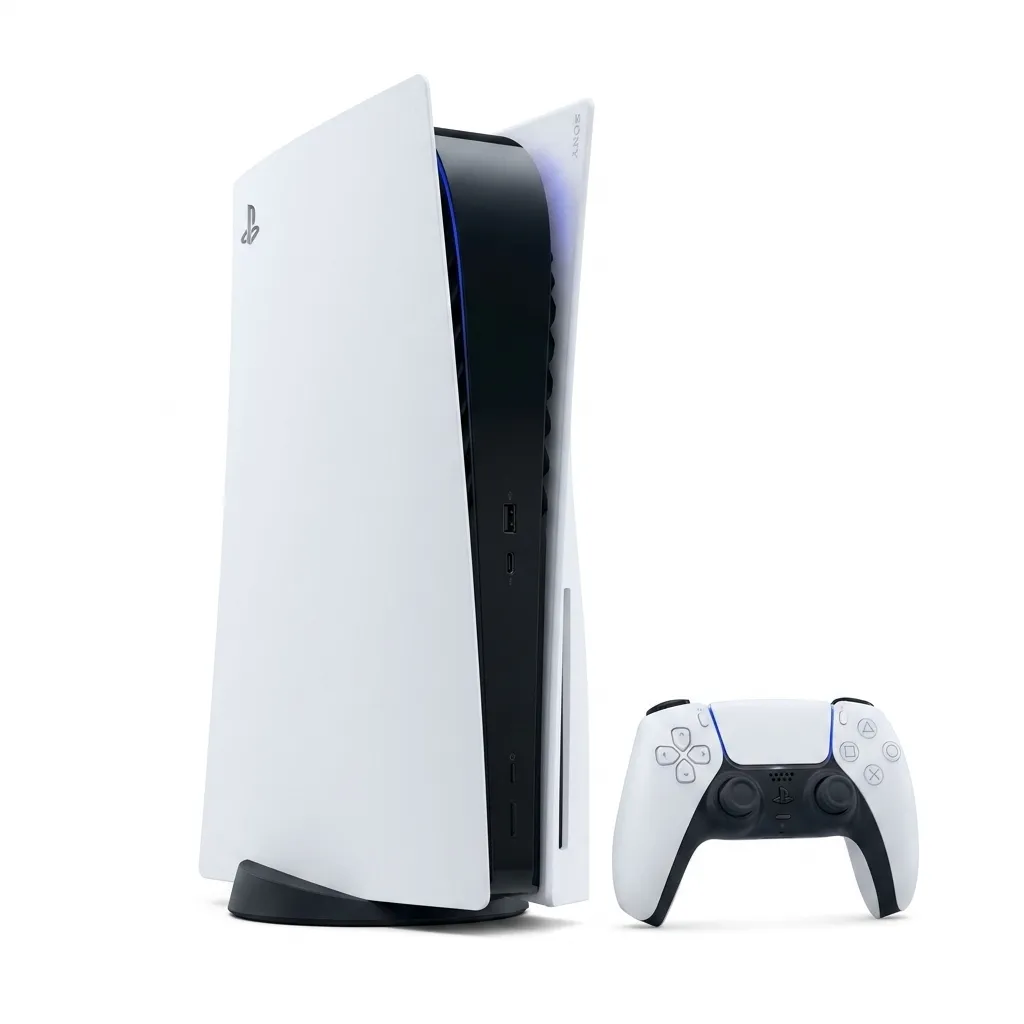 Consolă de gaming Sony PlayStation 5 alături de controller DualSense